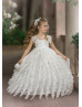 Beaded Ivory Lace Wrinkled Chiffon Ruffled Flower Girl Dress